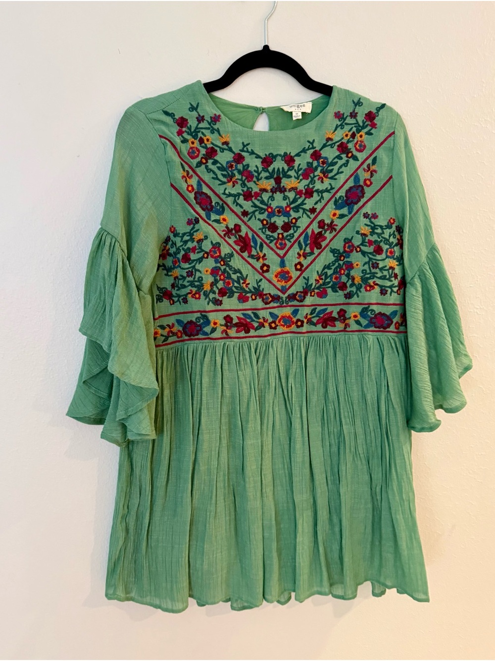 Umgee Sage Green Floral Embroidered Bell Sleeve Boho Mini Dress M